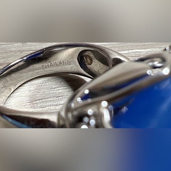 Vintage Designer Signed (SX) Sterling Silver Blue Jade & Sapphire Ring, Size 6 - Picture 9 of 14